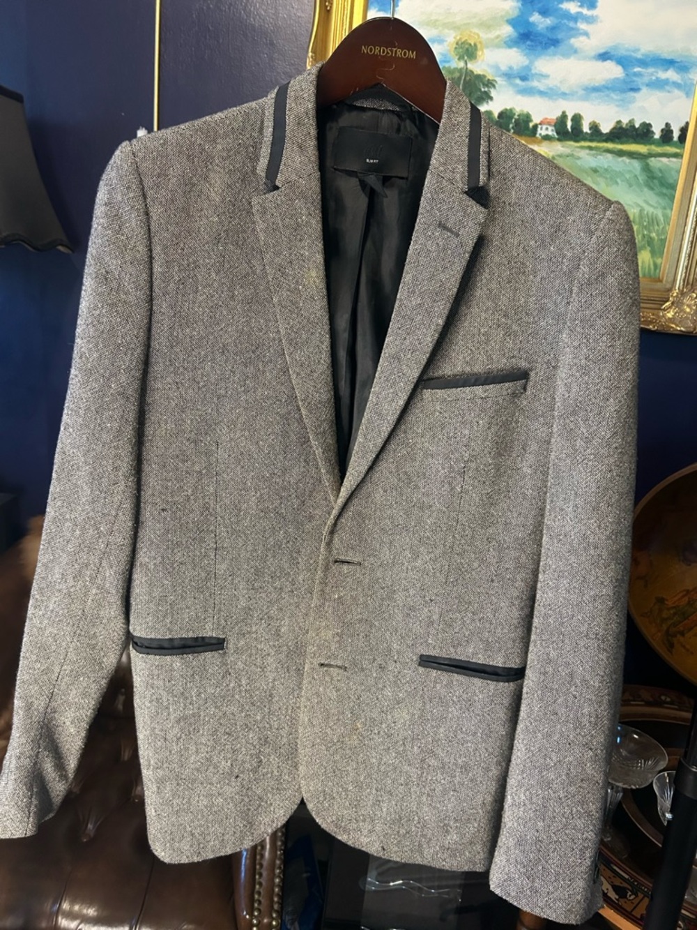 H&M Gray Herringbone Blazer with Black Trim